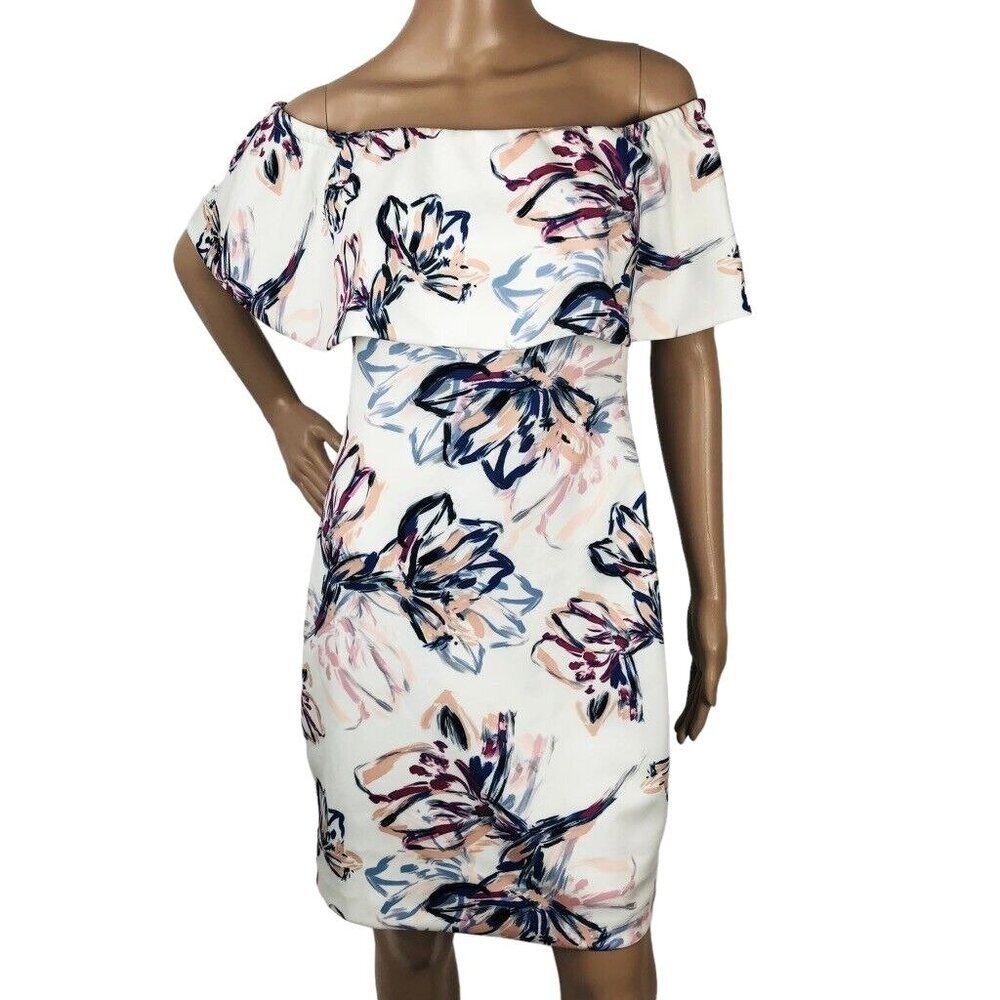 Badgley Mischka Floral Off Shoulder Formal Evening Dress Layered Sheath Mini 4 - Picture 2 of 9